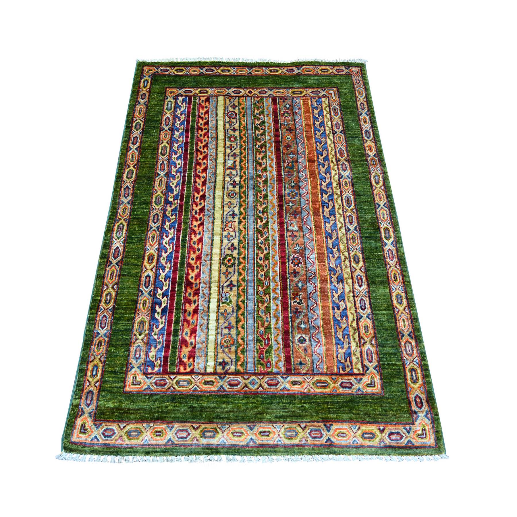 Basil Green, Afghan Super Kazak with Shawl Design, Soft and Shiny Wool, Hand Knotted, Vegetable Dyes, Oriental Rug